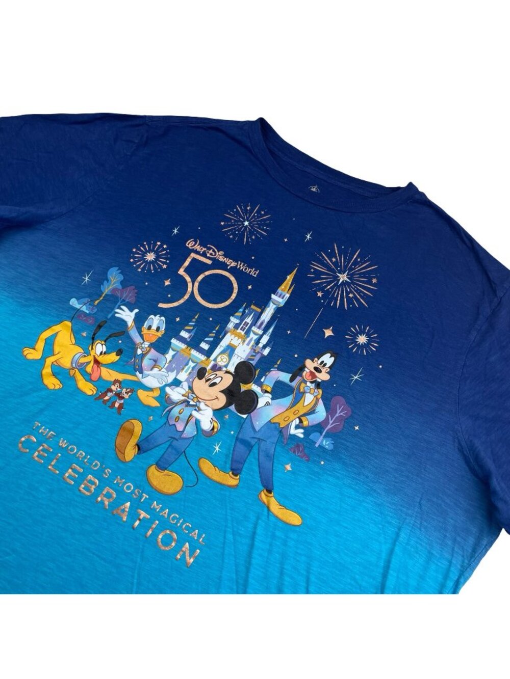 Walt Disney World 50th Anniversary Crewneck S/S T-Shirt Blue Ombre • 2XL